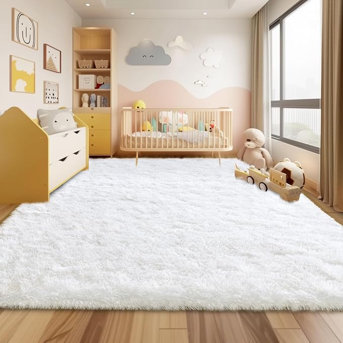 9x12 Large Fluffy Area Rugs for Living Room, White | Upgrade Non-slip, Washable, Flame Resistant, High Pile Big 9 x 12 Shag Rug Plush Carpet for Bedroom Kids Room Dorm Home Decor