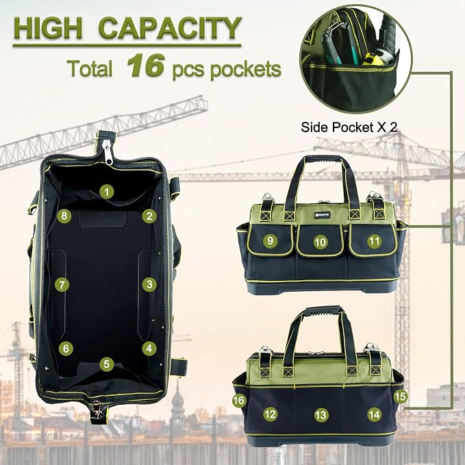17in Tool Bag For Men Heavy Duty with Waterproof Molded Base, High Capacity Wide Mouth Tote, Construction Worker Electricians Tool Bags, Large Tool Bag Organizer for Men Women Tool Tote