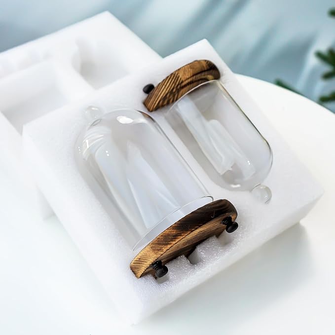 ZEERSHEE Cloche Glass Dome with Wooden Base, Set of 2 Display Bell Jars | Two Sizes Included, Clear Glass Display, Stable Wooden Base for Flowers, Figurines, Candles and Keepsakes