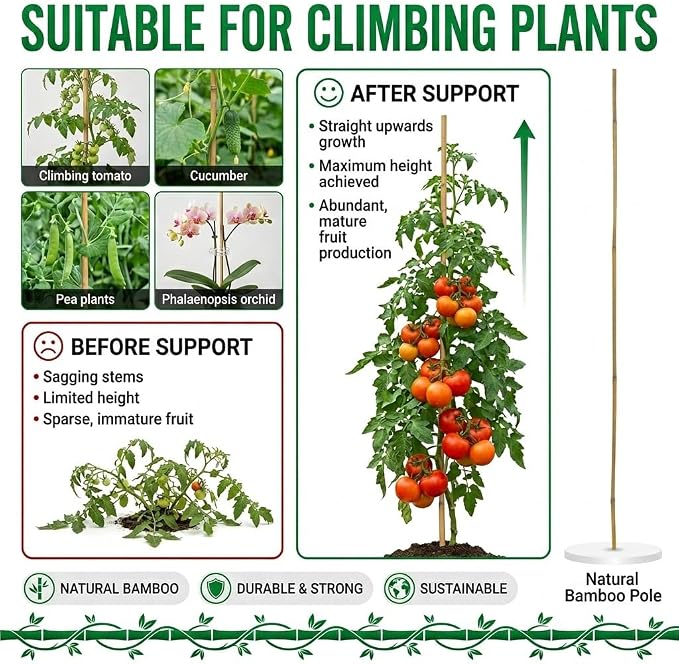 Plant Stakes Natural Bamboo Sticks - 35 Pcs Bamboo Garden Stakes for Plants 4 FT Plant Support Sticks with Twist Ties for Tomatoes Beans Flowers Indoor Outdoor Potted Climbing Plants