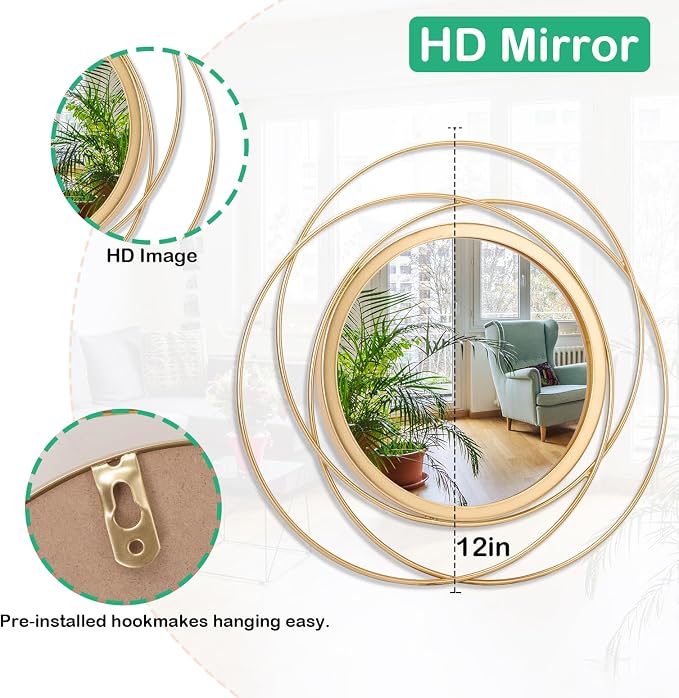 3 Set Gold Circle Mirrors for Wall Decor - Metal Art Small Round Mirror Sets - Hanging Wall Sculpture for Bedroom, Living Room, Entryway 12''