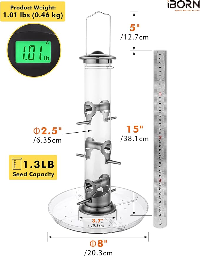 iBorn Bird Feeders Seed Catcher for Outside Hanging 6 Port Bird Feeder for Cardinal Birds Aluminium Metal,Brushed Black Nickel Finishing 14 Inch 6 Port (Seed is not Included)