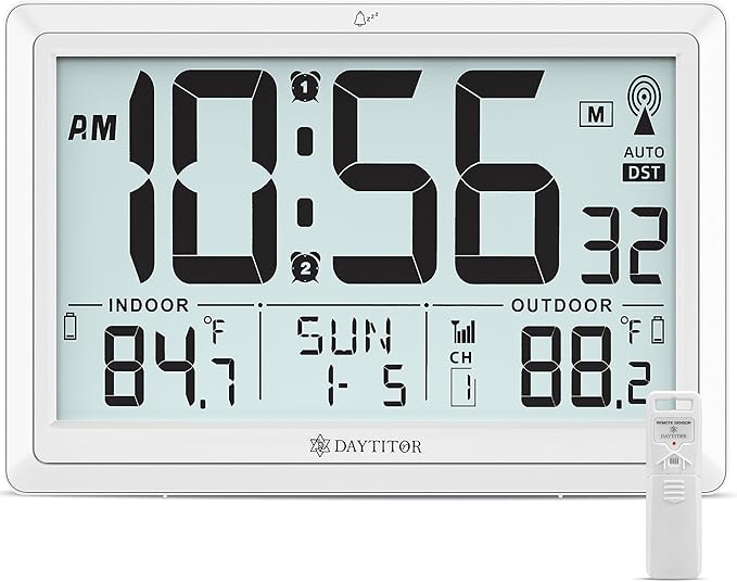 Atomic Clock Wall with Indoor/Outdoor Temp, Battery Operated Digital Wall Clock with 10.5" Large LCD Display, 330ft Range Desk Table Clock with Alarm, DST, Calendar for Living Room Bedroom, White