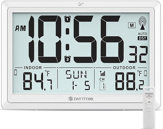 Atomic Clock Wall with Indoor/Outdoor Temp, Battery Operated Digital Wall Clock with 10.5" Large LCD Display, 330ft Range Desk Table Clock with Alarm, DST, Calendar for Living Room Bedroom, White
