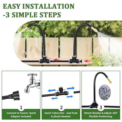 200Ft 1/4” Drip Irrigation System – Drip Irrigation Kit & Garden Watering System with 32 Pcs 360° Adjustable Copper Nozzles, Automatic Mist Spray for Raised Bed, Lawn, Garden & Potted Plants