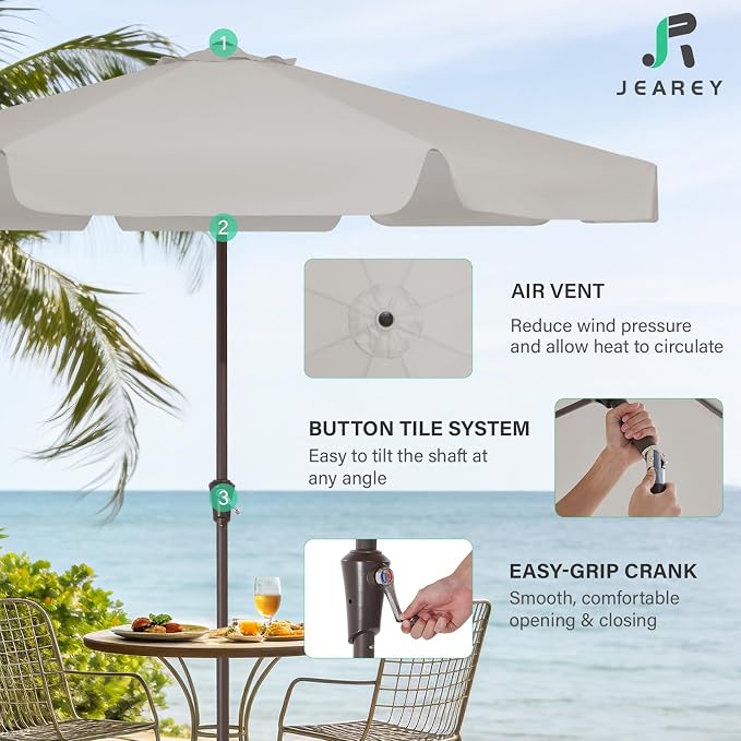 JEAREY 9 FT Patio Umbrella Outdoor, Table Umbrellas Market Umbrella w/Push Button Tilt/Crank, 8 Sturdy Ribs(Fog Gray)