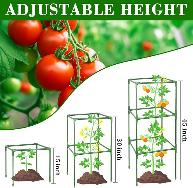 ZeeDix 6 Pack Heavy Duty Tomato Cages for Garden 45 Inches, Square Adjustable Tomato Trellis Cage Climbing Plant Support Trellis Plant Cages for Climbing Vegetables Flowers with 40Pcs Clips