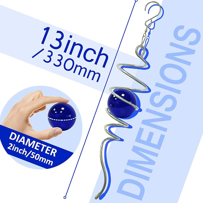 Gazing Ball Spiral Tail,Wind Spinner Tail with Dark Blue Glass Orb,Wind Spinners Stabilizer,Visual Illusion in Spinning Hanging Rotating Art Decor,Indoor Outdoor Garden Decoration-13in