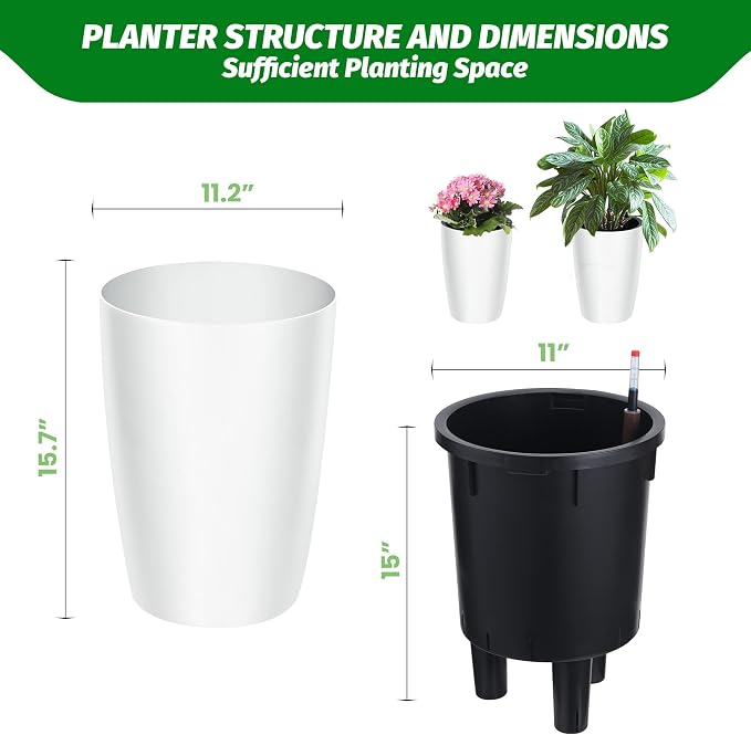 16" Tall Planter Set of 4, Self Watering Pots, Large Planter for Indoor Outdoor Plants, Built-in Drainage and a Water Level Monitor, Tall Planters for Patio, Porch, Living Room, Home Office, White