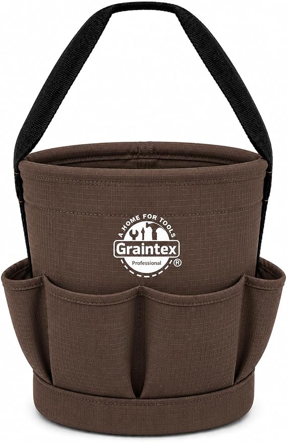 Graintex Tapered Canvas Bucket 12"x10"x15", Utility Tool Bucket 6 Pockets Outside, Reinforced Base & Carry Handle, Ripstop Canvas, Multi-Purpose Bag for Jobsite & Home Use - Coffee Brown