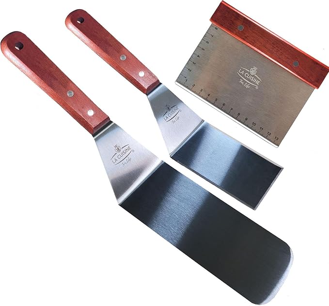La Cuisine 3-PC SS Griddle Spatula Set - BBQ Tools Set Food Scraper for Grill Teppanyaki Flipping Patties Pancake Fish, 2 pcs SS Spatulas 1 pc Chopper/Scrapper with solid wood handle
