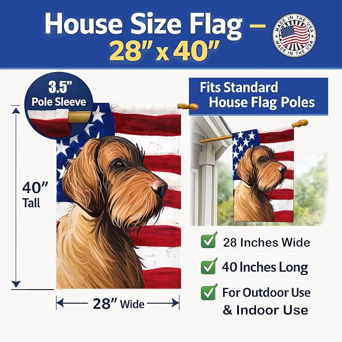 Caroline's Treasures CK6758CHF Wirehaired Vizsla American Flag House Flag Large Porch Sleeve Pole Decorative Outside Yard Banner Artwork Wall Hanging, Polyester, House Size, Multicolor