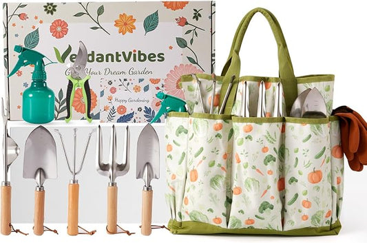 VerdantVibes 10-Piece Garden Tool Set - Heavy Duty Stainless Steel Gardening Kit with Wood Handle, Pruners & Vegetable Print Tote Bag - Unique Gardening Gifts for Women Mom Grandma