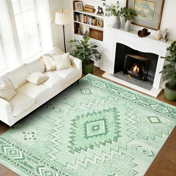 Yinhua Sage Green 8x10 Rugs for Living Room, Western Area Rug Washable | Non-Slip Southwestern Rug Low Pile, Soft Non-Shedding Boho Rugs for Dining Table Office Nursery