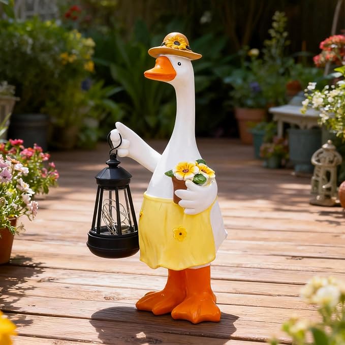 Goose Garden Statues Porch Goose Statues with Solar Lantern Summer Yard Lawn Front Porch Home Outdoor Decoration Duck Mother's Day Christmas Birthday Gifts for Mom Women