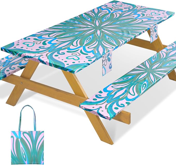 Fitted Waterproof Picnic Table Cover with Bench Covers Elastic Polyester 96in Camping Tablecloths for 8Foot Rectangle Tables Summer Fall Glamping Roadtrip Stuff Festival Vacation Items Gift