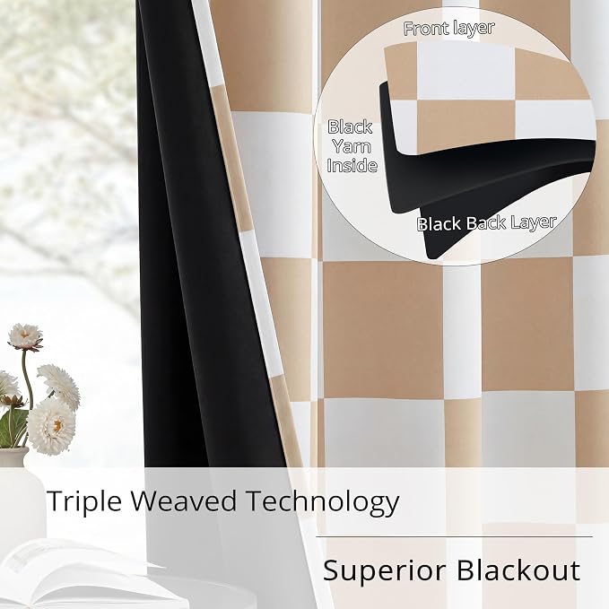 100% Blackout Checkered Curtains – 2 Panels, Each W52×L63, Thermal Insulated, Nosie Reducing for Bedroom, Modern Beige and White Checkerboard Design