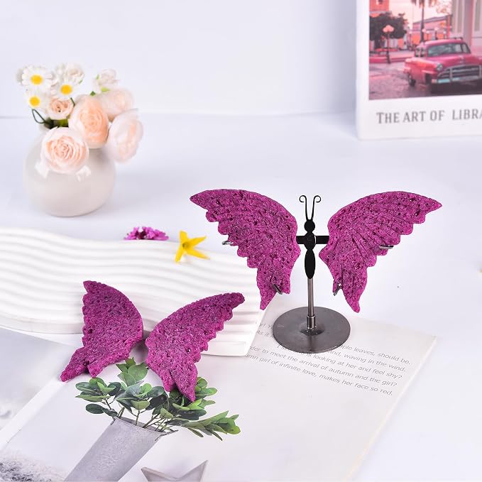 JIC Gem Red Corundum Quartz Crystals Butterfly Art Decorative Natural Rough Rocks Healing Crystal Carved Angel Wings with Display Decor Reiki Gifts (1pair, 10cm)