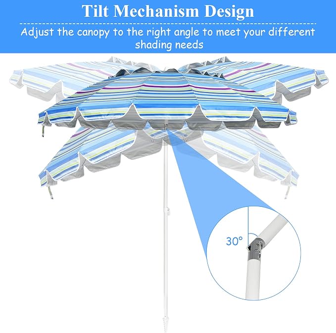 Tangkula 8FT Beach Umbrella, Portable Outdoor Sunshade Beach Umbrella with Sand Anchor & Tilt Mechanism, 16 Sturdy Fiberglass Ribs, Carrying Bag for Garden, Patio (Blue)