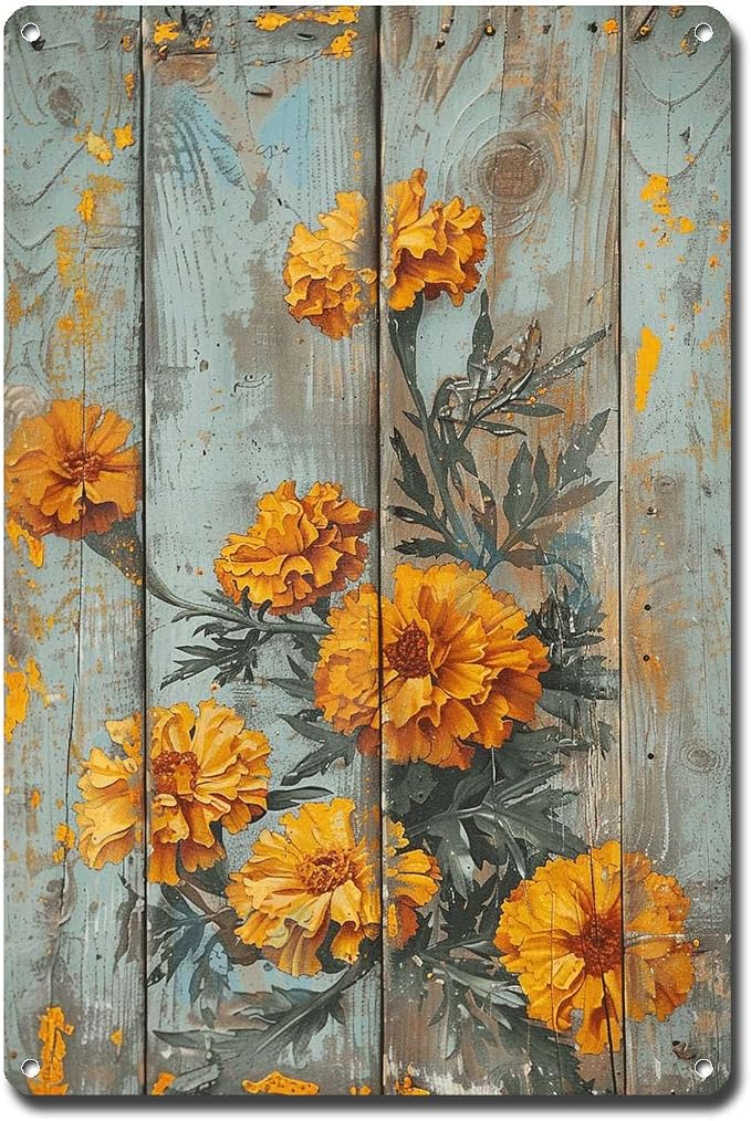Metal Sign Tin Sign Vintage Wall Art Antique Exuberance Marigolds Tin Sign for Shabby Chic Style Bright Petals Displays and Corrosion Vintage Decor for Room 8×12 Inches