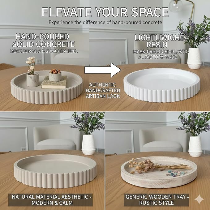 13" Round Concrete Decorative Centerpiece Tray for Coffee Table Grey | Modern minimalist centerpiece tray for coffee table, living room, dining & office storage display, sturdy tabletop home decor