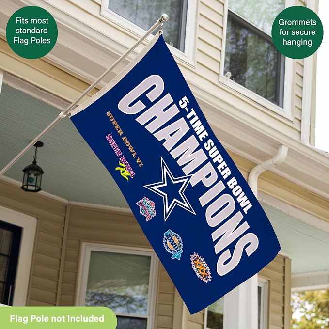 Team Sports America NFL Dallas Cowboys Multi-Win Superbowl Champions 3x5 Flag for Outside with Grommets | Outdoor & Indoor | Heavy Duty Flag & Banner | Works with Flag Pole for Outside House