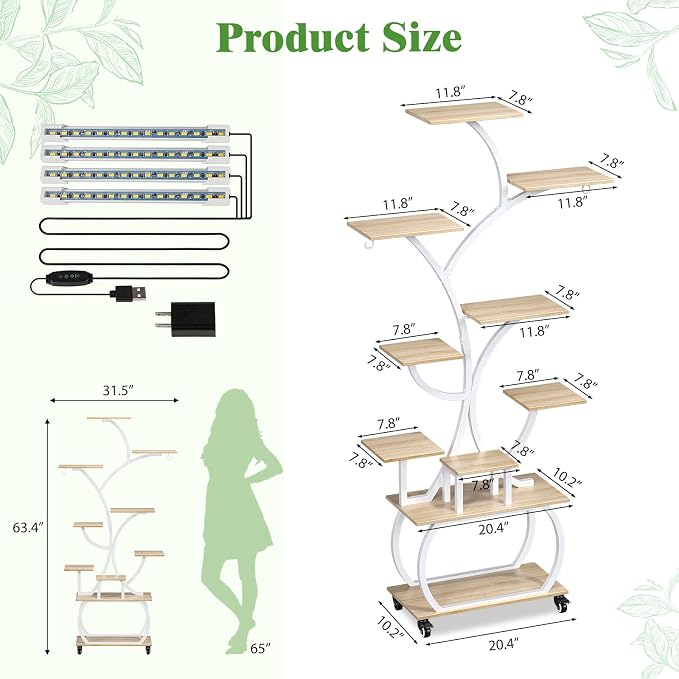 Plant Stand with Grow Lights 2-Pack, 61" Tall Indoor Plant Shelf with Multi-Color Full Spectrum LED Grow Lights and 360° Lockable Wheels, 10-Tier Tree-Shaped Decorative Plant Rack Set of 2, for Living Room, Balcony & Office, White and Oak