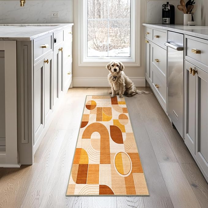 Orange Rug 2x6 Hallway Runner Rug Geometric Mid Century Modern Rugs | Washable Abstract Low Pile Non-Slip Geometric Long Carpet for Kitchen Bedroom Doorway Bathroom Laundry