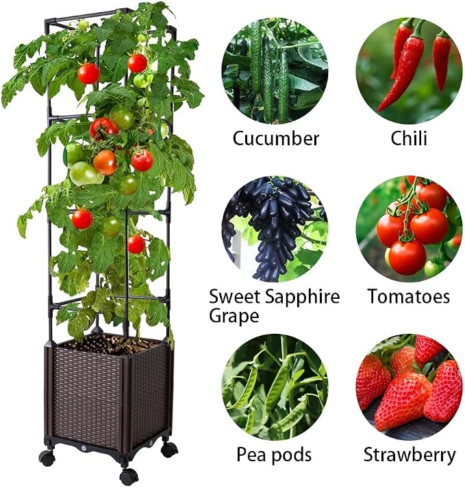 Raised Garden Bed with Tomato Cage & Trellis, 56" Self-Watering Tomato Planter Box for Vegetables Flowers | Lockable Wheels, Vertical Gardening | Indoor Outdoor Patio Use, Easy Assembly