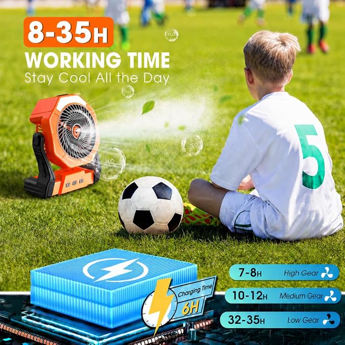 Ausic Portable Misting Camping Fan, 8" Outdoor Cooling Fan with LED Light, Water Spray, Hook, [Max 35H] Battery Operated Rechargeable Fan for Sports Sidelines, Patio, Beach, Tent, Travel