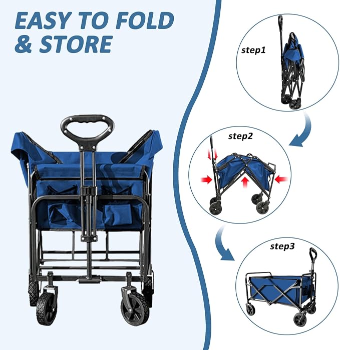Collapsible Utility Cart Folding Wagon, 320lbs Capacity Lightweight Rolling Cart with Quiet Wheels, Quick-Fold Design for Camping, Shopping, Ourdoor Use, Blue