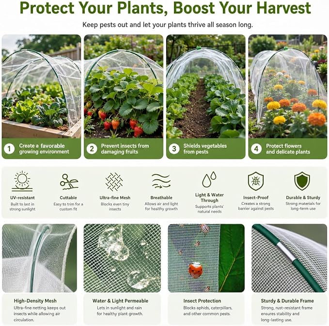 Garden Netting Kit for Raised Beds,10x33ft Ultra Fine Insect Netting Garden Bed Covers & 6 Sets of 8ft Fiberglass Garden Hoops (6 Sets Garden Hoops with White10x33ft Garden Netting)