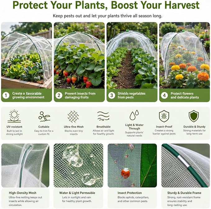 Garden Netting Kit for Raised Beds,10x33ft Ultra Fine Insect Netting Garden Bed Covers & 6 Sets of 8ft Fiberglass Garden Hoops (6set Garden Hoops with Green 10x33ft Garden Netting)