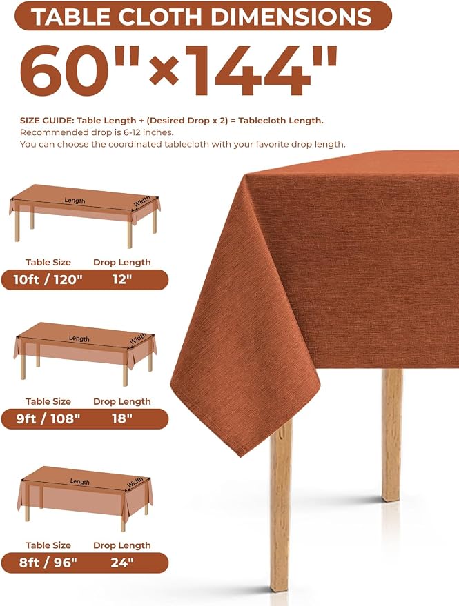 Faux Linen Farmhouse Table Cloth 60"x144" for 10 ft Rectangle Table, Burnt Orange Waterproof Outdoor Washable Cloth Tablecloth for Rectangular Dining Room Kitchen Outdoor Party Restaurant Table