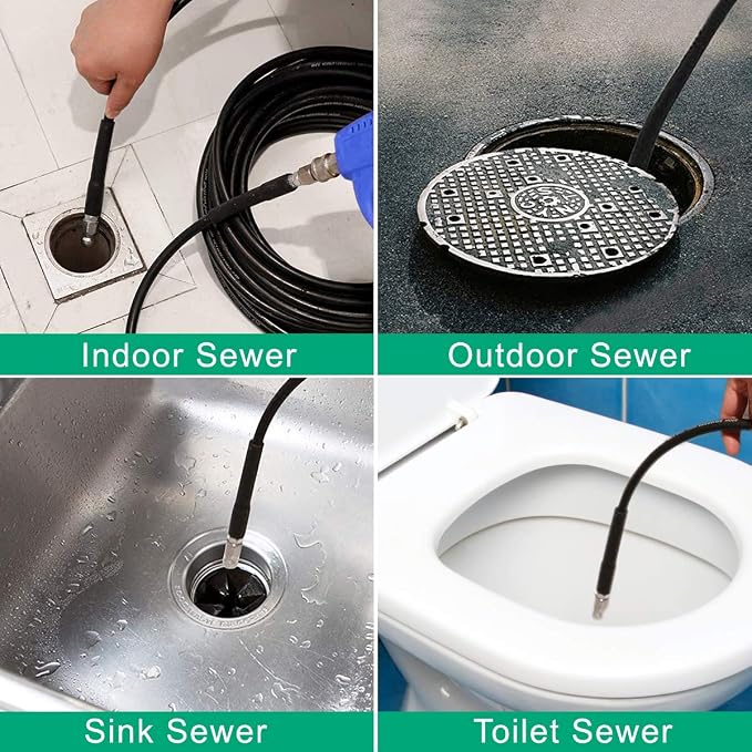 Selkie Pressure Washer Sewer Jetter Kit - 100Ft X1/4" Hydro Drain Jetter Cleaner Hose, Corner, Rotating and Button Nose Sewer Jetting Nozzle Waterproof Tape,Orifice 4.0 4.5,1/4 Inch NPT,5800 PSI