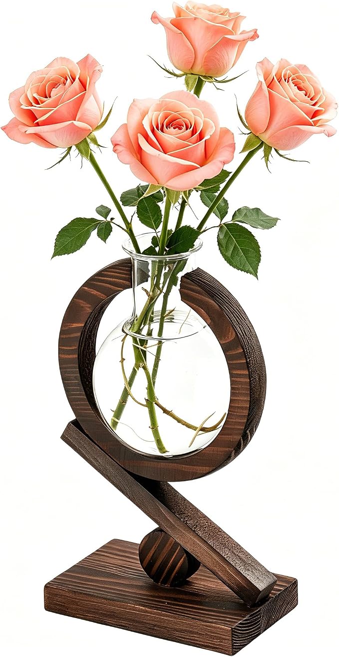 Glass Plant Propagation Station with Wooden Stand and Air Planter Bulb Vase, Planter Terrarium for Home Office Garden Boho Desk Decor,Mothers Day Vase (Dark Burnt Wood)