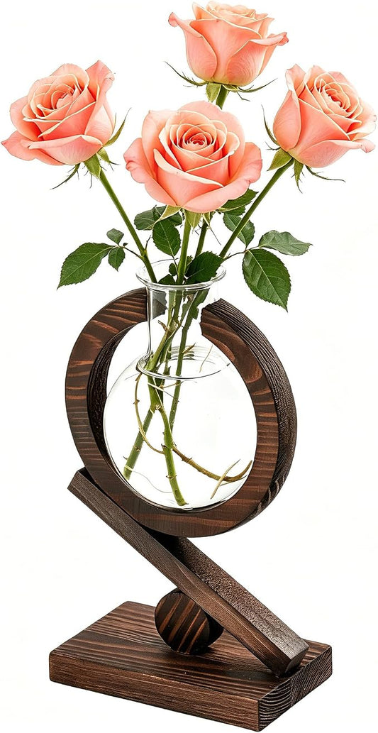 Glass Plant Propagation Station with Wooden Stand and Air Planter Bulb Vase, Planter Terrarium for Home Office Garden Boho Desk Decor,Mothers Day Vase (Dark Burnt Wood)
