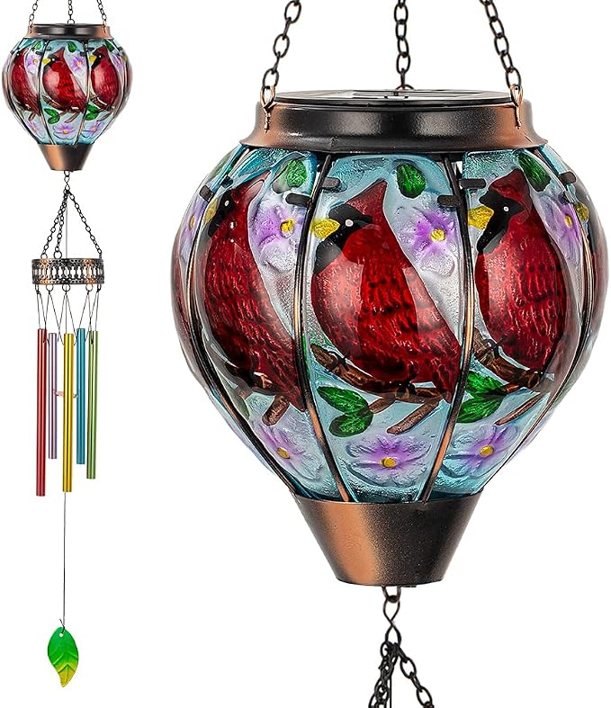 Cardinal Wind Chimes for Outside,Solar Wind Chimes with Solar Lights,Hanging Wind Chime Deep Tone,Windchimes Outdoor,Memorial Wind Chime for Mom,Outdoor Windchime for Loss of Loved One