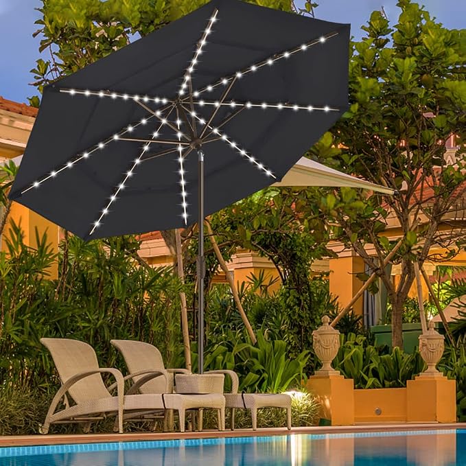 EliteShade USA 10-Year-Non-Fading 9ft 3-Tier Market Patio Umbrella, Commercial Table Umbrella with 80 Solar LED Lights, Crank Open, Windproof & UPF 50+ UV Protection for Garden, Deck, Pool, Backyard, Black