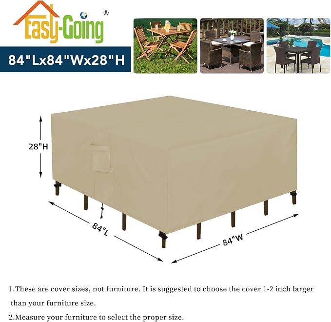 Easy-Going Square Patio Furniture Waterproof Outdoor Dining Table and Chair Covers - Anti-UV Outside Sectional Sofa Set (84"L x 84"W x 28"H, Camel)