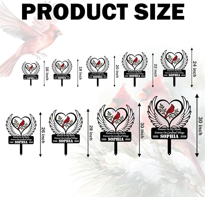 Personalized Cardinal Garden Sign with Stakes, Custom Name Sign, Yard Decor Outdoor, Memorial Gift for Mom, Garden Plaque Sympathy Gifts, loss loved Ones Cardinal Sign with Angel Wings