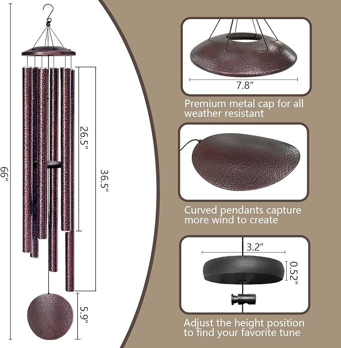 66" Wind Chimes for Outside Deep Tone - 6 Thicken Tubes Large Wind Chimes for Outdoor, Gifts for Mothers Day, Women, Mom, Grandma, Sympathy, Big Windchimes for Garden and Patio(Bronze)