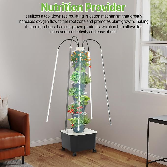 Hydroponic Growing System Tower, 80W 40 Plants 5-Layer Hydroponic Tower with LED Light Vertical Hydroponics Garden Tower for Herbs Vegetables Fruits with Pump & Water Level Gauge Grey