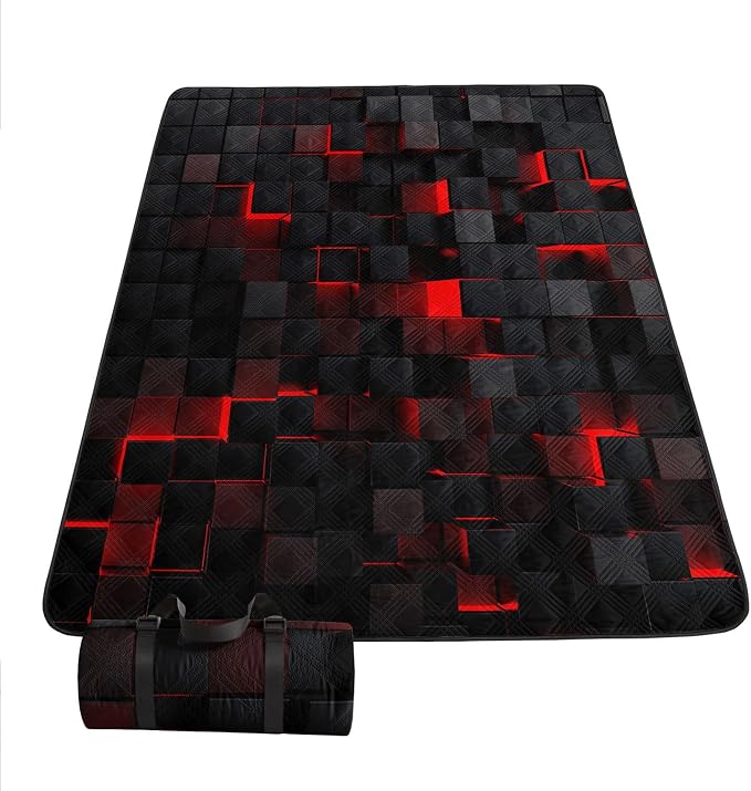 Outdoor Picnic Blanket Portable Ultrasonic Waterproof Picnic Black Red Stereoscopic Square Printed Camping Beach Mat for Sand and Wet Grass Hiking (Black Red Square S