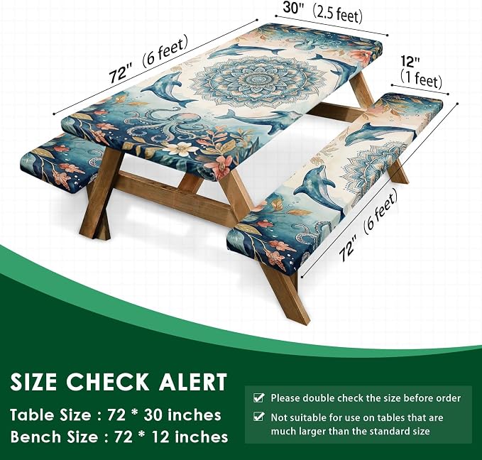 Picnic Table Cover with Bench Covers Elastic Edges, Coastal Camper Fitted Table Cover, Outdoor Camping Essentials 72 Inch 3PCS, Waterproof Camping Fitted Tablecloth with Drawstring Bag