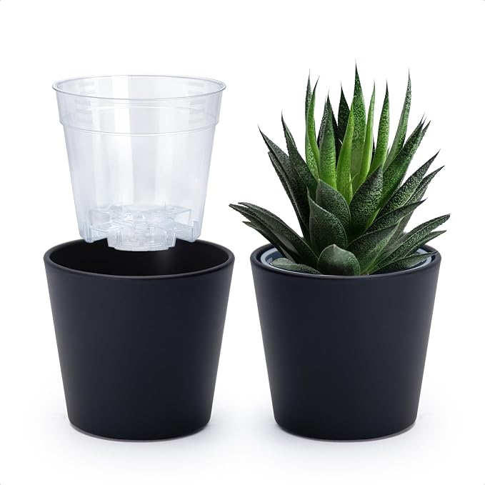 Phoenix Vine 4.5 Inch Black Plastic Cachepot with Clear Nursery Pot, Decorative Lightweight Planter Cover with Transparent Inner Pot for Indoor Houseplants, Pack of 2, 24-B-E-2