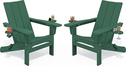 SERWALL Modern Adirondack Chair Set of 2, Folding Adirondack Chair with Cup Holders, Fire Pit Chairs, Lawn Chair for Patio Garden, Green