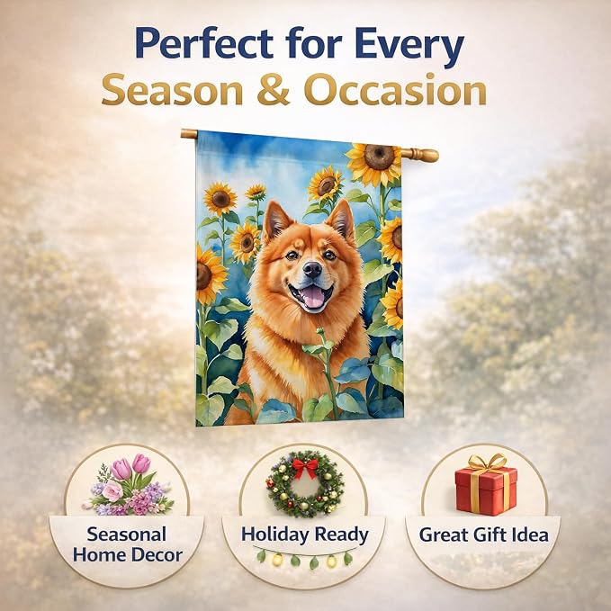 Caroline's Treasures DAC6077CHF Finnish Spitz in Sunflowers House Flag Large Porch Sleeve Pole Decorative Outside Yard Banner Artwork Wall Hanging, Polyester, House Size, Multicolor