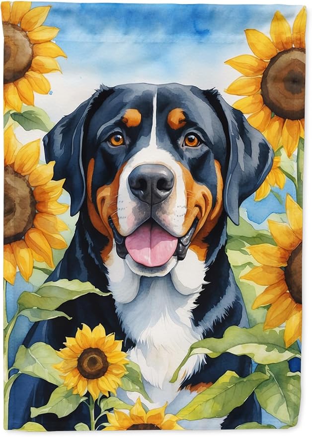 Caroline's Treasures DAC6094CHF Greater Swiss Mountain Dog in Sunflowers House Flag Large Porch Sleeve Pole Decorative Outside Yard Banner Artwork Wall Hanging, Polyester, House Size, Multicolor