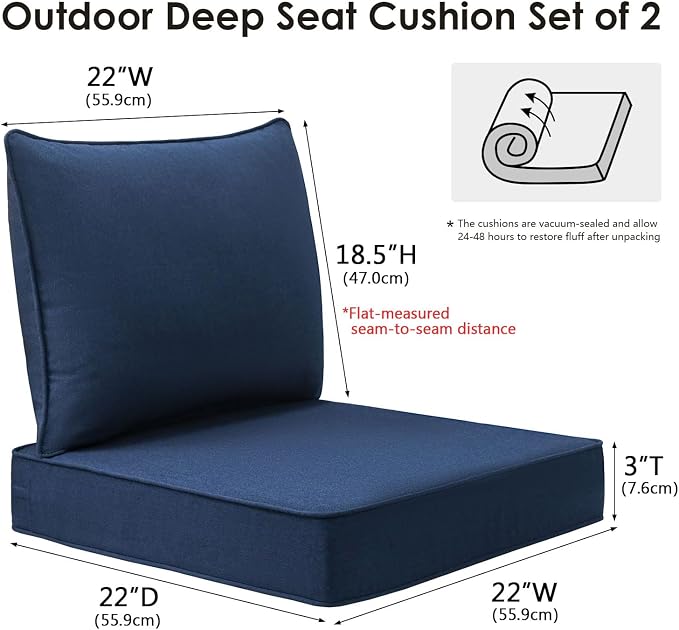 Unimatta Outdoor Patio Chair Cushions Set, 22" x 22", Set of 2, Water-Repellent, Fade Resistant, Deep Seat Bottom and Back Cushion for Backyard, Couch, Sofa and Patio Furniture, Navy